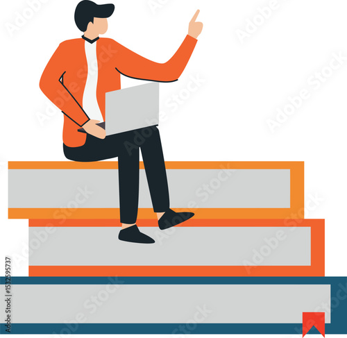 Online Learning & Knowledge: A young individual, lost in thought with a laptop on their lap, perched atop a towering stack of books.