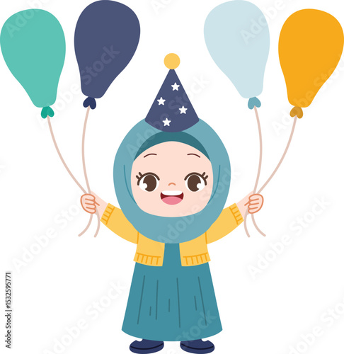 Celebration with Balloons: A joyous child dressed in festive attire, embraces the happiness of the moment, clutching a colorful assortment of balloons. capturing the innocent joy of a party!