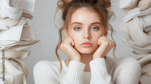 Young woman with hands on her face expressing boredom near a stack of papers