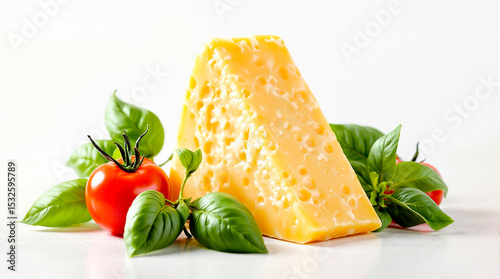 cheese and tomatoes and basil on white background