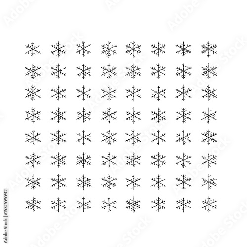 A collection of pink snowflakes arranged in rows on a white background creating a wintery pattern design