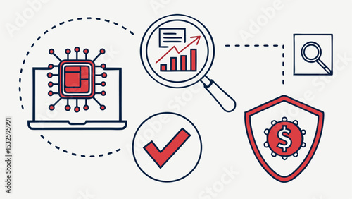 Illustration depicting computer security analysis with financial growth and validation shown in the image