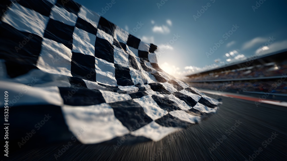 Obraz premium The checkered flag waves victoriously at the finish line on the racetrack.