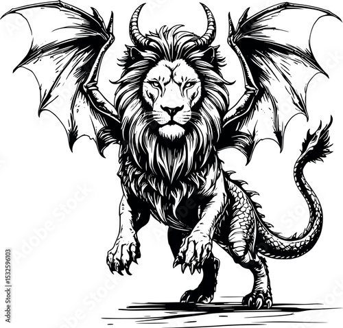 Chimera vector. Gothic hybrid beast in detailed dark fantasy line art.