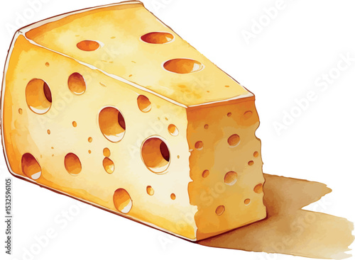 Watercolor cheese wedge vector. Swiss cheese illustration with soft texture and clean design.