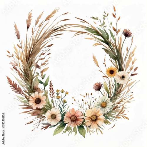 Watercolor flower wreath vector. Wild botanical circle with rustic dry grass and soft blooms.