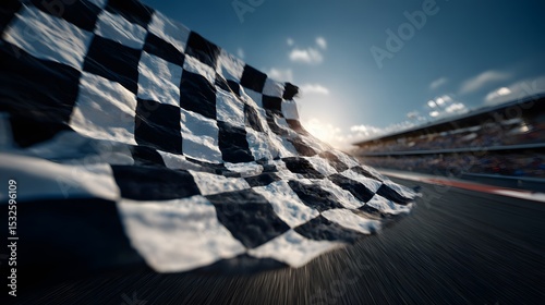 The checkered flag waves victoriously at the finish line on the racetrack.