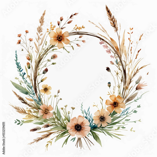 Watercolor flower wreath vector. Wild botanical circle with rustic dry grass and soft blooms.