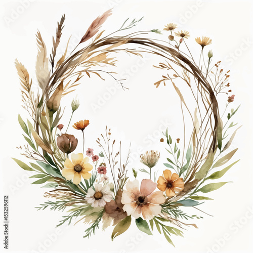 Watercolor flower wreath vector. Wild botanical circle with rustic dry grass and soft blooms.
