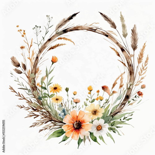 Watercolor flower wreath vector. Wild botanical circle with rustic dry grass and soft blooms.