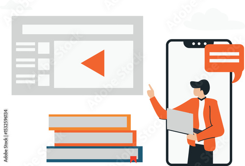 Online Education: E-learning, digital education, online course, video lesson, mobile learning, webinar, tutorial, e-book, online study, knowledge, education, teacher, student, technology, laptop.