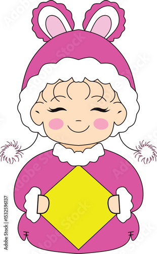 Cutie in Bunny Outfit: An adorable illustration of a cheerful child in a bunny outfit. The little one holds a blank sign, exuding pure innocence and joyful anticipation.
