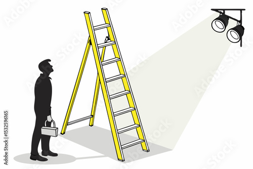 Worker silhouette staring at yellow ladder under spotlight in studio setting
