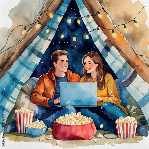 Movie night vector. Lifestyle of comfort and connection.