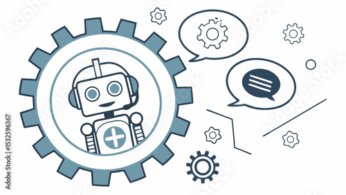 Illustration of a robot inside a gear with speech bubbles and smaller gears around it in a white background