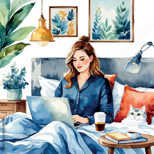Freelancer working in bed. Watercolor vector with cozy laptop scene coffee and cat isolated.
