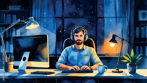 Night coder at desk. Watercolor vector of programmer with glowing screen isolated illustration.