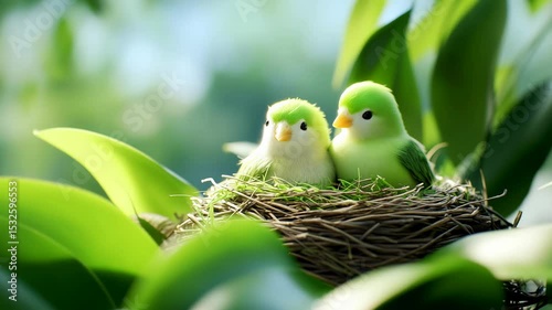 Two small green birds find comfort and safety in their nest, surrounded by vibrant green leaves, creating a serene natural scene