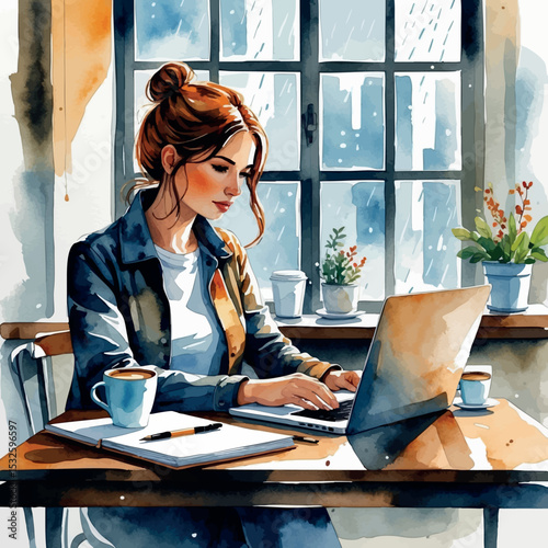 Freelance writer in café. Watercolor vector with laptop and coffee cozy writing scene.