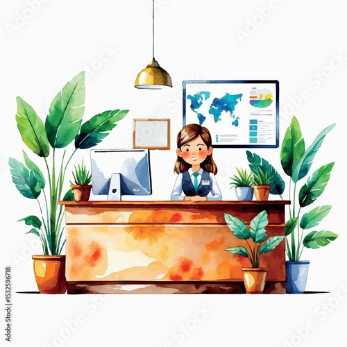 Receptionist at work watercolor. Vector scene with desk and visitor greeting isolated.