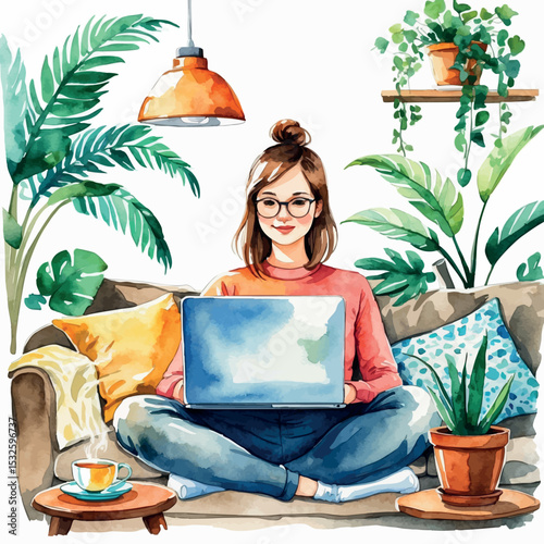 Freelancer working from home. Watercolor vector of cozy remote job scene isolated on white.