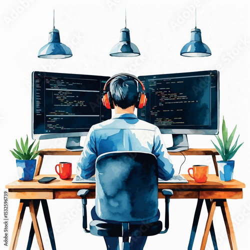 Software developer working. Watercolor vector with code and dual monitors isolated scene.