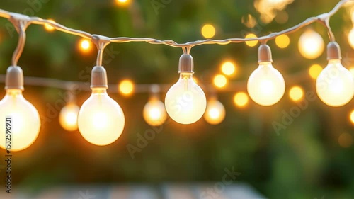 Warm light bulbs hanging on a string create a magical ambiance in an outdoor space