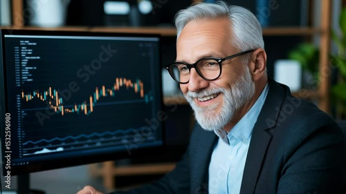 Experienced stock market male expert monitors financial data, making strategic investment decisions