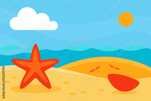 Summer beach scene with starfish and sun