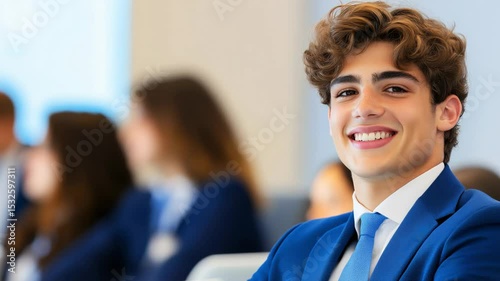 Portrait of a confident young businessman smiling during a conference, exuding professionalism and success