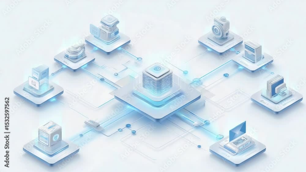 isometric conceptual illustration of a central AI server or data hub connected to various enterprise software icons via glowing circuit lines or bridges, each connected module representing