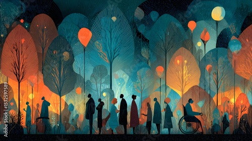 Stylized forest illustration with diverse people and glowing trees