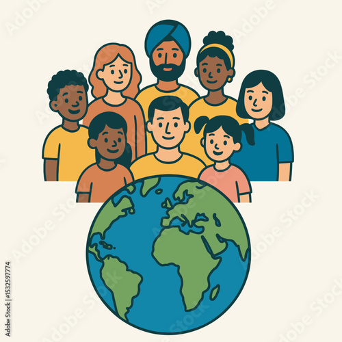 Vector illustration of diverse people with earth. Perfect for world population day. 