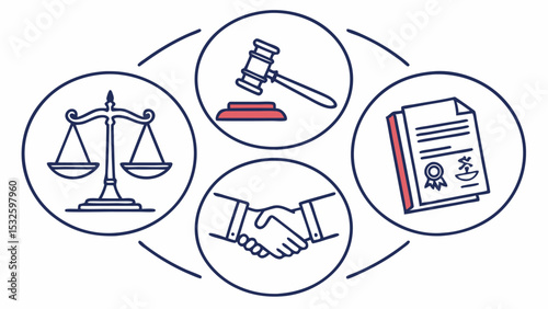 Illustration of scales of justice, gavel, handshake, and document representing legal concepts and services