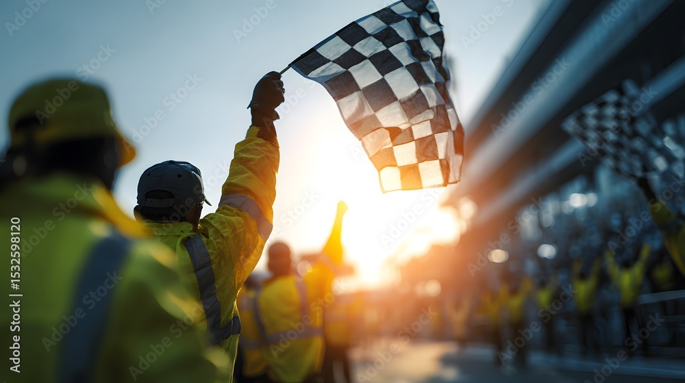 Obraz premium A racetrack marshal waves the checkered flag in celebration of victory on a sunny day.