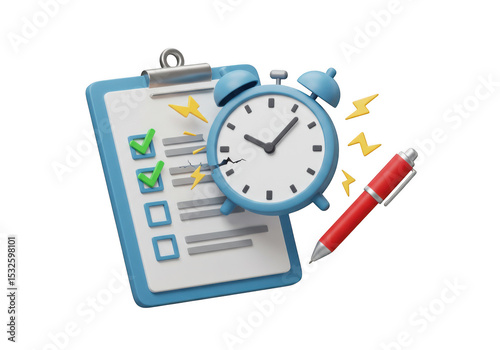 3d render checklist with cracked clock and pen isolated on transparent background
