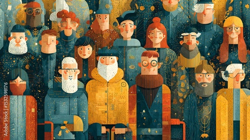 Colorful stylized pattern of diverse cartoon faces and characters