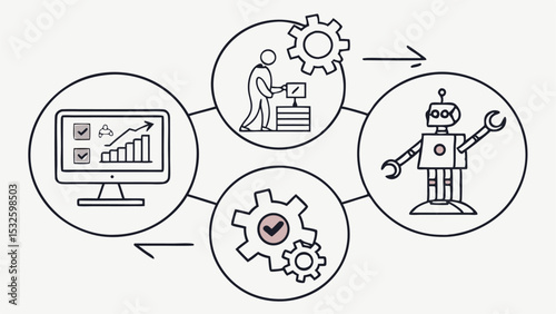 Illustration showing automation process with computer, robot, gears and person in connected circles