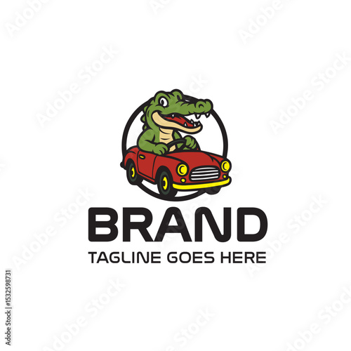 Cartoon alligator driving a red car logo