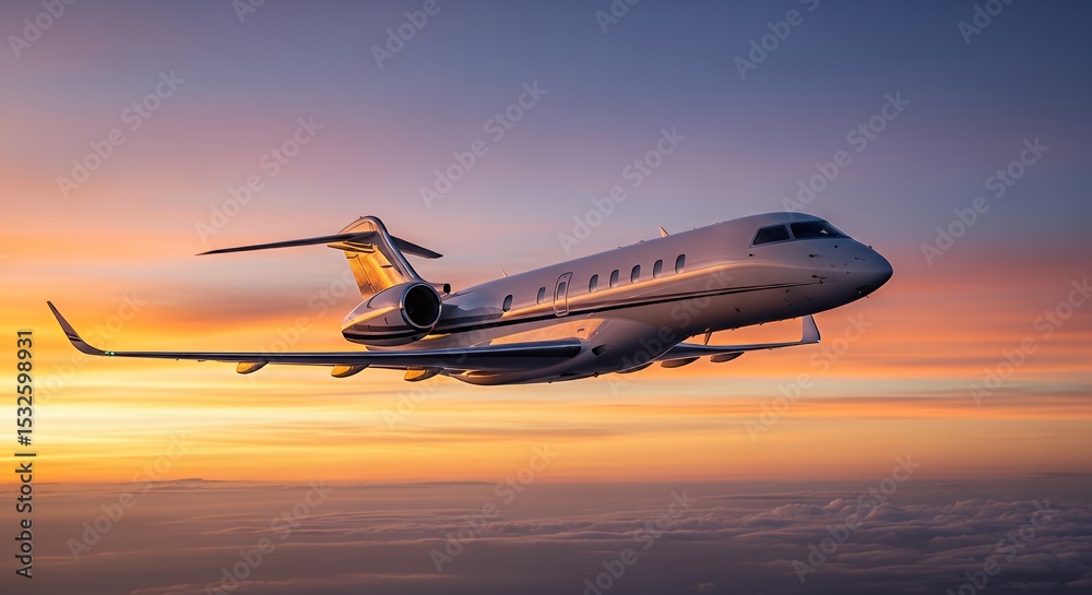 Obraz premium Private Jet Flying Through a Colorful Sky at Sunset Above the Clouds