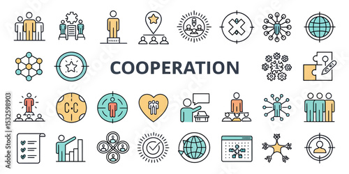 Editable Stroke Icon Set for Cooperation and Teamwork Concepts

