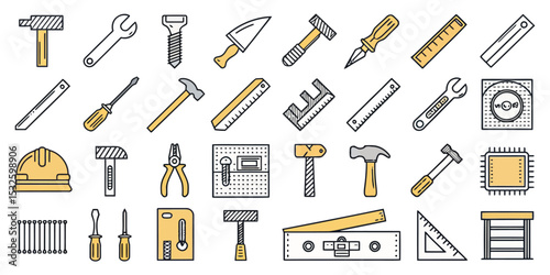 Carpentry Tools Line Icon Set for Construction and Woodworking

