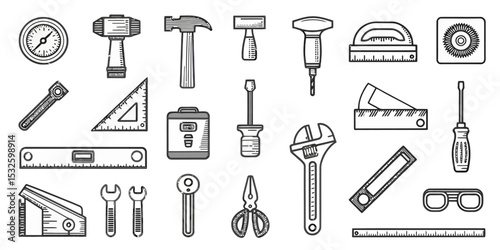 Monochrome Carpentry Tools Line Icon Set for Construction and Woodworking

