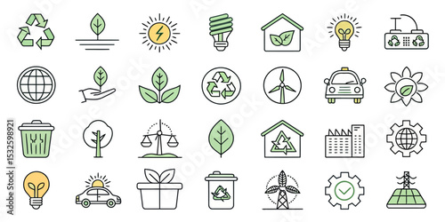 Editable Stroke Icon Set for Environmental Conservation in Vector Format

