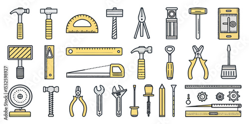 Monochrome Carpentry Tools Line Icon Set for Construction and Woodworking


