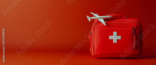 A bright red first aid kit featuring a detailed model airplane emblem, placed on a vibrant, densely colored background to create striking visual contrast.
