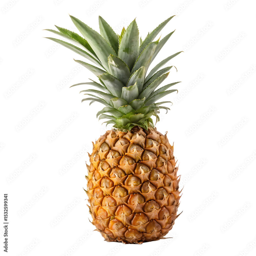 Obraz premium Fresh whole pineapple with green leaves isolated against a deep black background