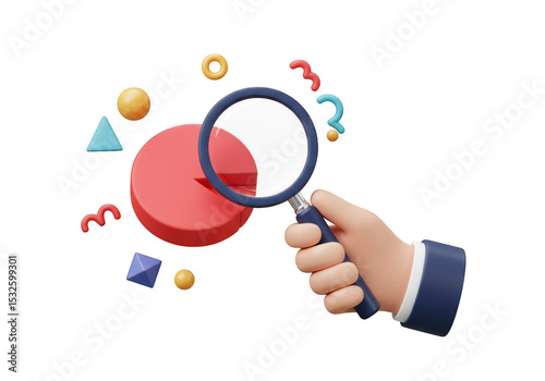 3d hand inspecting pie chart with magnifying glass isolated on transparent background