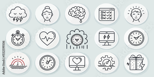 Monochrome Editable Stroke Icon Set of Stress and Mental Health


