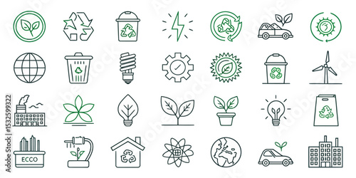Monochrome Editable Stroke Icon Set of Sustainability and Eco Concepts

